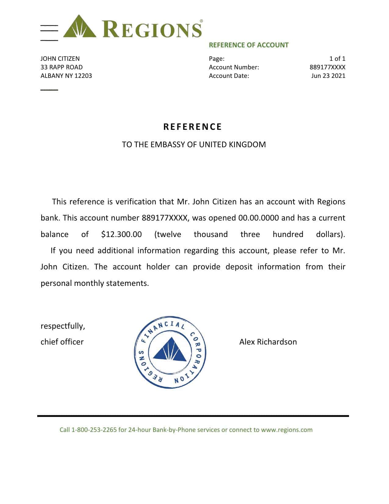 USA Regions bank account reference letter template in Word and PDF format USA Regions bank account reference letter template in Word and PDF format