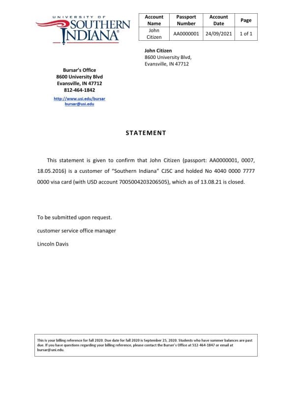 USA Southern Indiana bank account closure reference letter template in Word and PDF format USA Southern Indiana bank account closure reference letter template in Word and PDF format