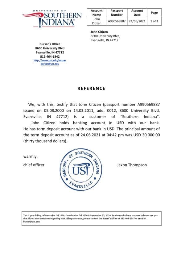 USA Southern Indiana bank account reference letter template in Word and PDF format USA Southern Indiana bank account reference letter template in Word and PDF format