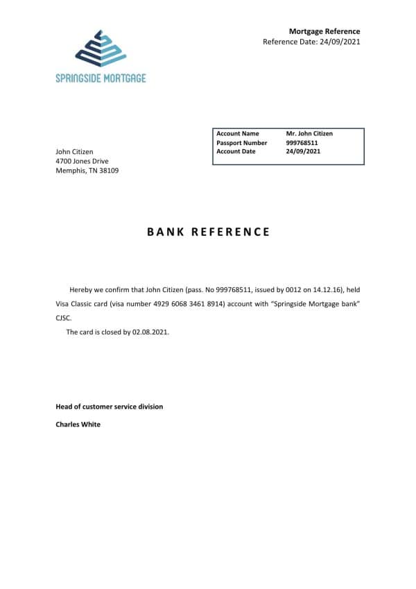 USA Springside Mortgage bank account closure reference letter template in Word and PDF format USA Springside Mortgage bank account closure reference letter template in Word and PDF format