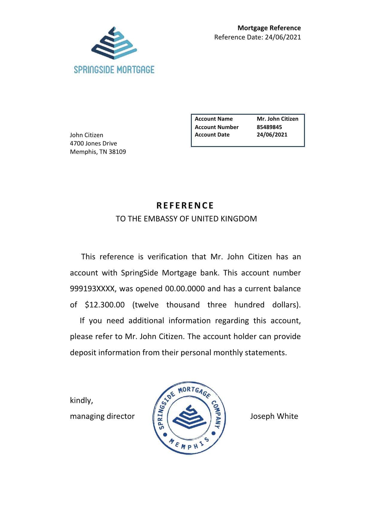 USA Springside Mortgage bank account reference letter template in Word and PDF format USA Springside Mortgage bank account reference letter template in Word and PDF format