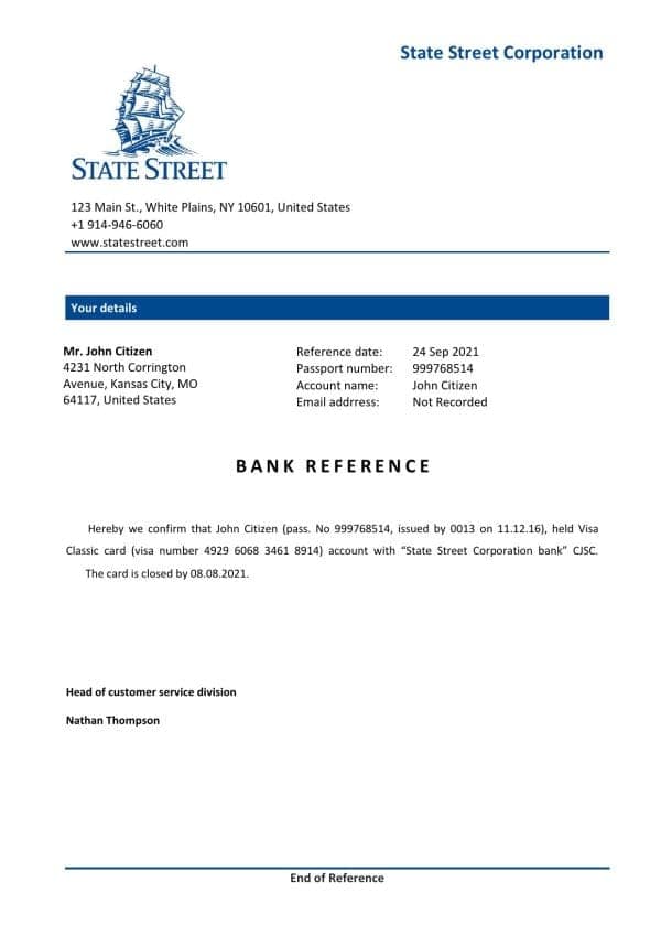 USA State Street bank account closure reference letter template in Word and PDF format USA State Street bank account closure reference letter template in Word and PDF format