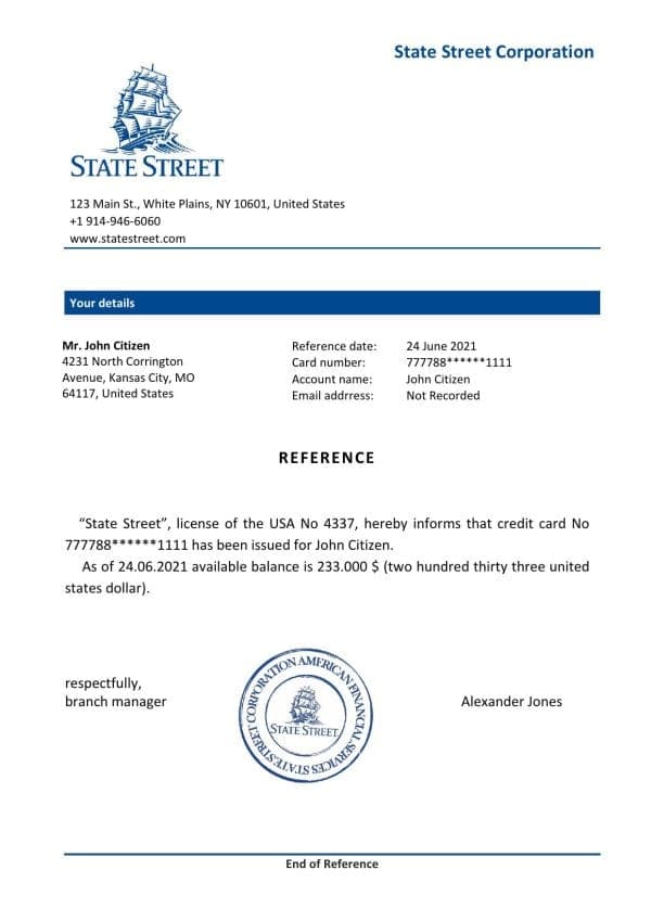 USA State Street bank account reference letter template in Word and PDF format USA State Street bank account reference letter template in Word and PDF format