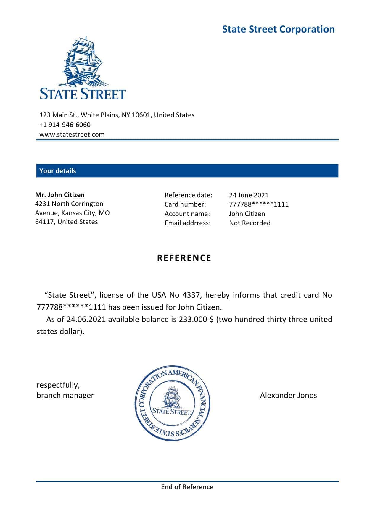 USA State Street bank account reference letter template in Word and PDF format USA State Street bank account reference letter template in Word and PDF format