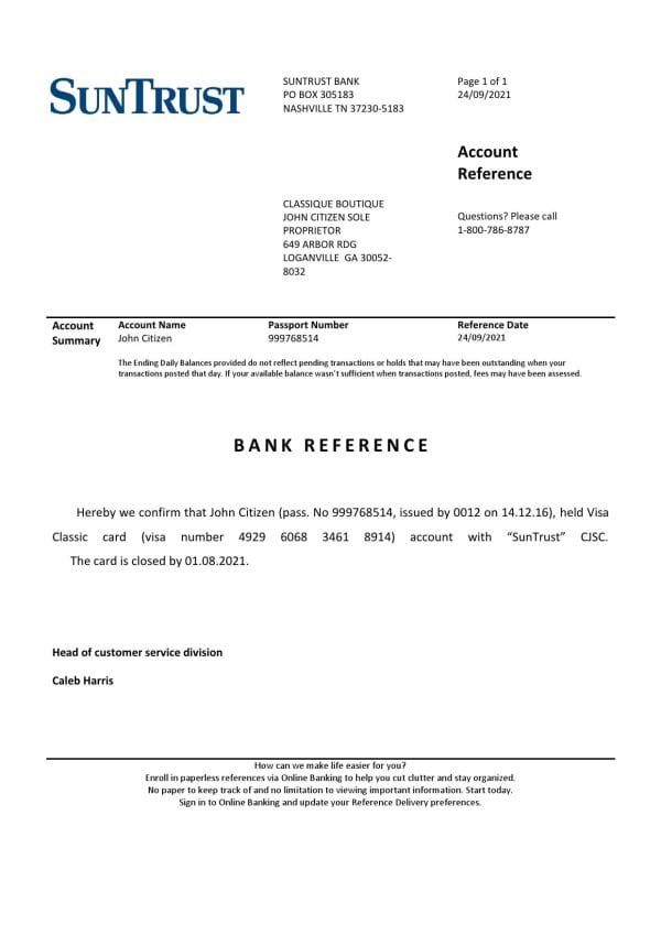 USA SunTrust bank account closure reference letter template in Word and PDF format USA SunTrust bank account closure reference letter template in Word and PDF format