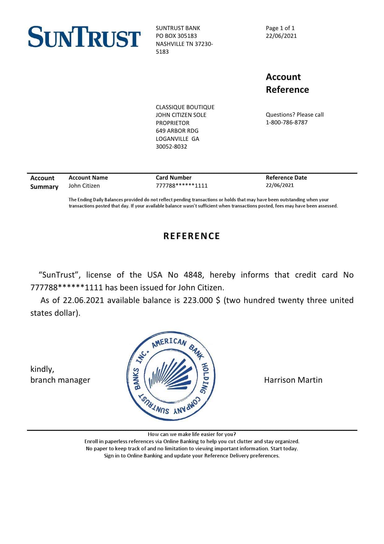 USA SunTrust bank account reference letter template in Word and PDF format USA SunTrust bank account reference letter template in Word and PDF format