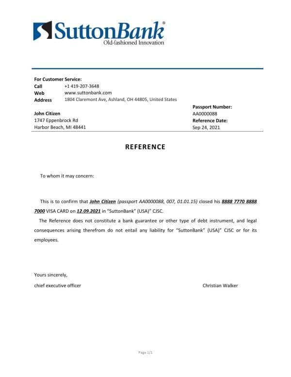 USA Sutton Bank bank account closure reference letter template in Word and PDF format USA Sutton Bank bank account closure reference letter template in Word and PDF format