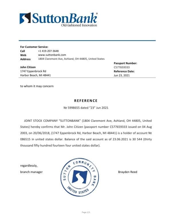 USA Sutton Bank bank account reference letter template in Word and PDF format USA Sutton Bank bank account reference letter template in Word and PDF format