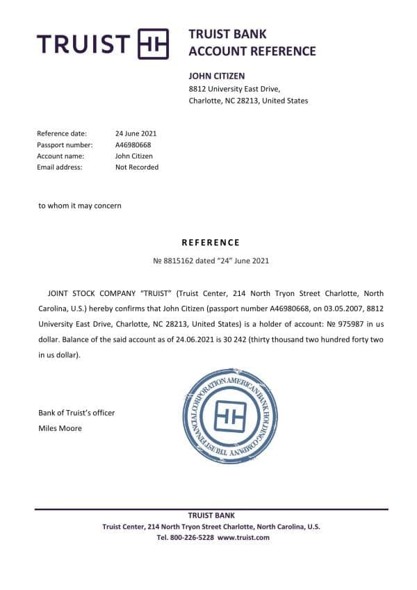 USA Truist Bank bank account balance reference letter template in Word and PDF format USA Truist Bank bank account balance reference letter template in Word and PDF format