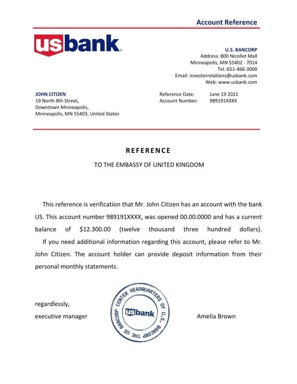 USA US Bank bank account reference letter template in Word and PDF format USA US Bank bank account reference letter template in Word and PDF format