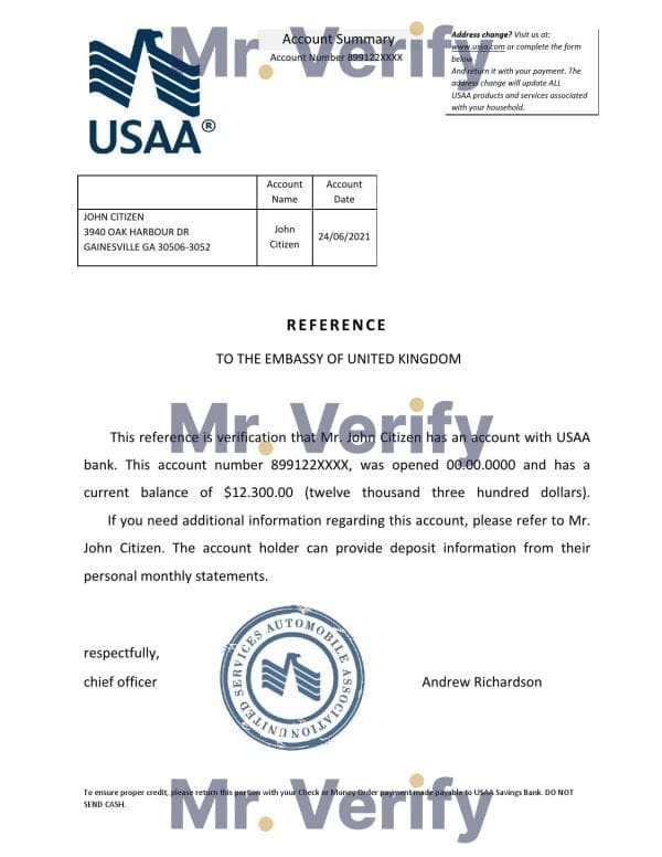 USA USAA bank account reference letter template in Word and PDF format USA USAA bank account reference letter template in Word and PDF format