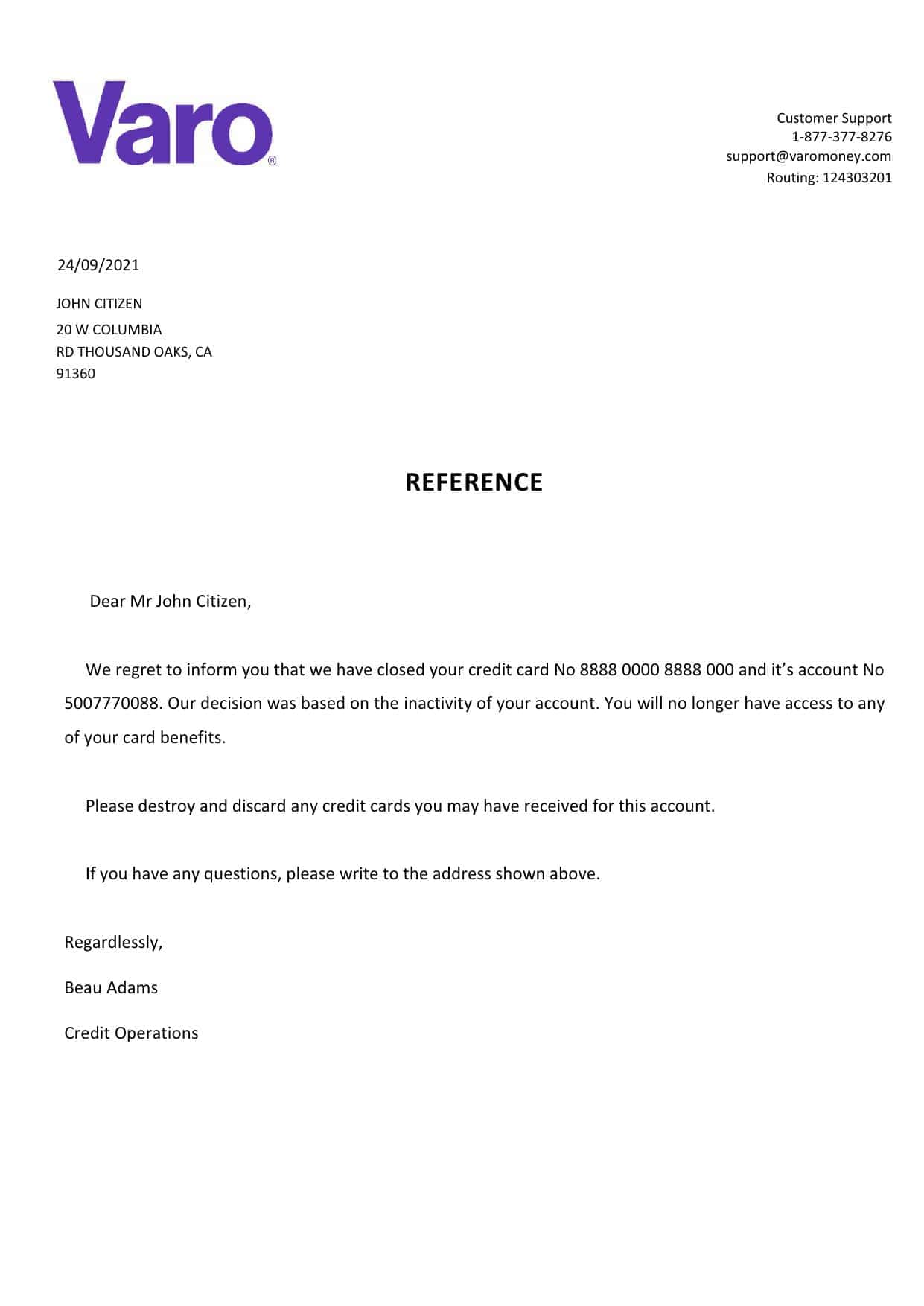 USA Varo bank account closure reference letter template in Word and PDF format USA Varo bank account closure reference letter template in Word and PDF format