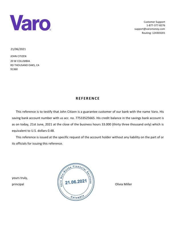 USA Varo bank account reference letter template in Word and PDF format USA Varo bank account reference letter template in Word and PDF format