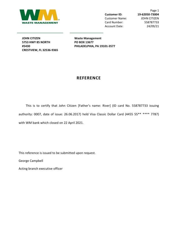USA WM bank account closure reference letter template in Word and PDF format USA WM bank account closure reference letter template in Word and PDF format