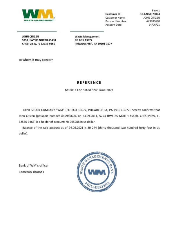 USA WM bank account reference letter template in Word and PDF format USA WM bank account reference letter template in Word and PDF format