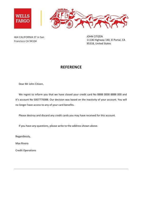 USA Wells Fargo Bank account closure reference letter template in Word and PDF format USA Wells Fargo Bank account closure reference letter template in Word and PDF format