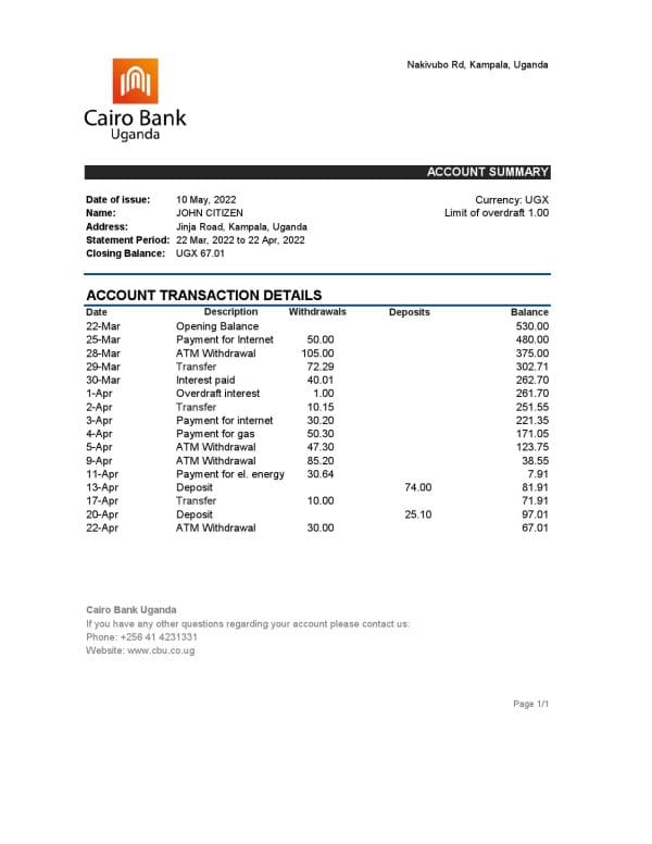 Uganda Cairo bank statement, Excel and PDF template