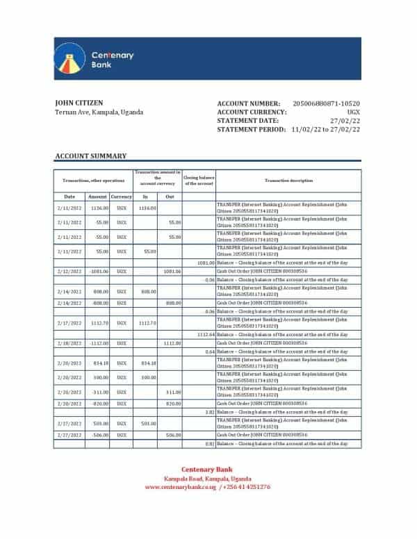 Uganda Centenary bank statement, Excel and PDF template
