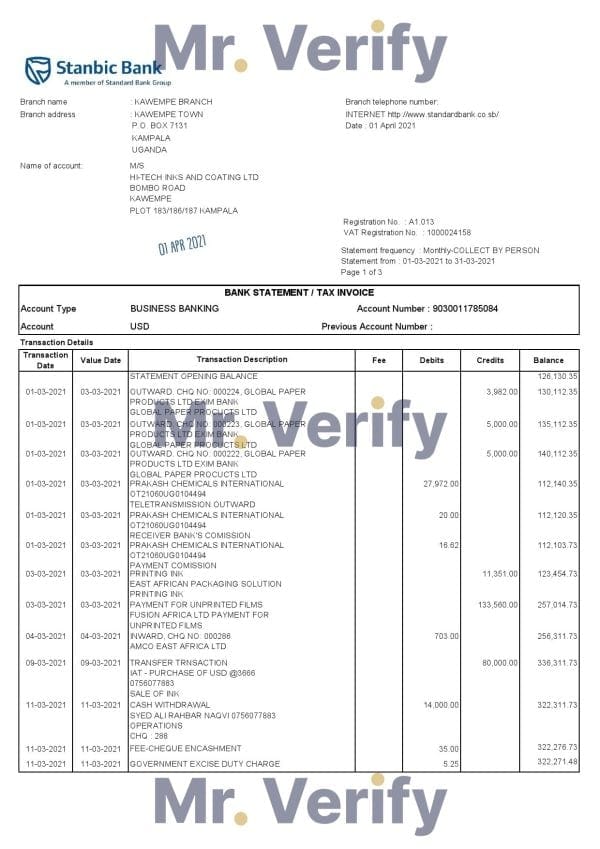 Uganda Stanbic bank statement template in Excel and PDF format (3 pages)