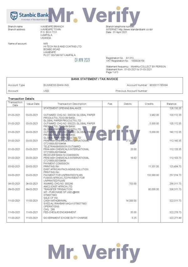 Uganda Stanbic bank statement template in Word and PDF format (3 pages)