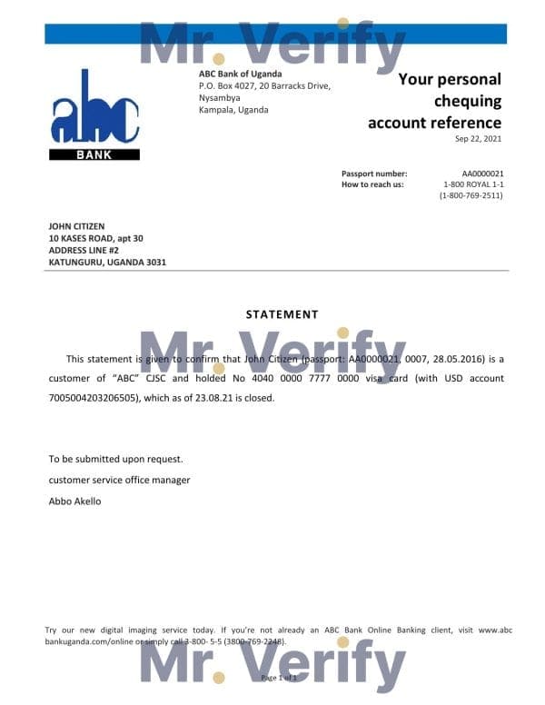 Uganda ABC bank account closure reference letter template in Word and PDF format Uganda ABC bank account closure reference letter template in Word and PDF format
