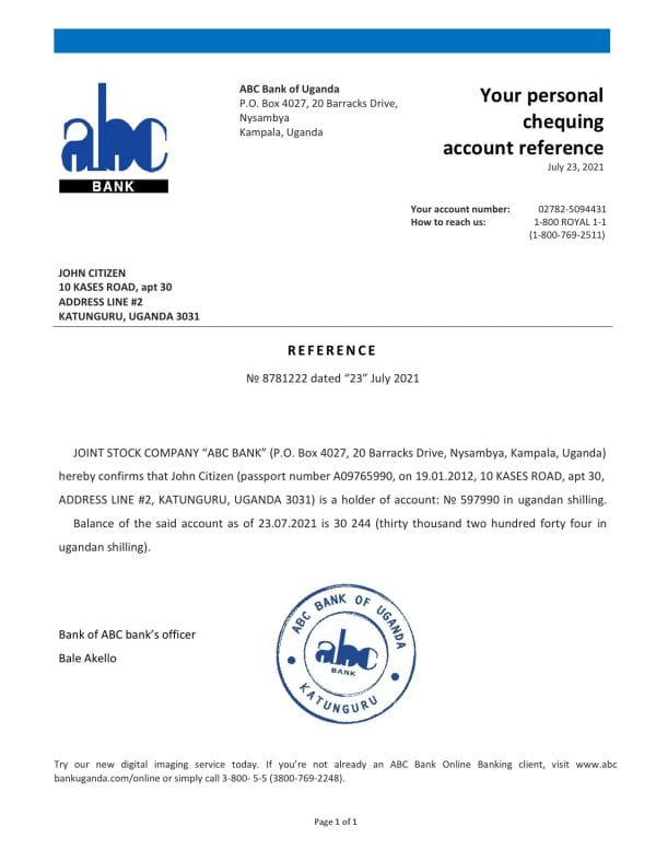 Uganda ABC bank account reference letter template in Word and PDF format