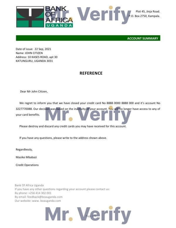 Uganda Bank of Africa account closure reference letter template in Word and PDF format Uganda Bank of Africa account closure reference letter template in Word and PDF format