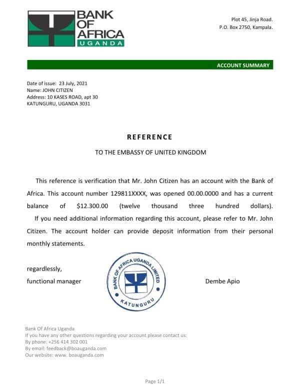 Uganda Bank of Africa account reference letter template in Word and PDF format