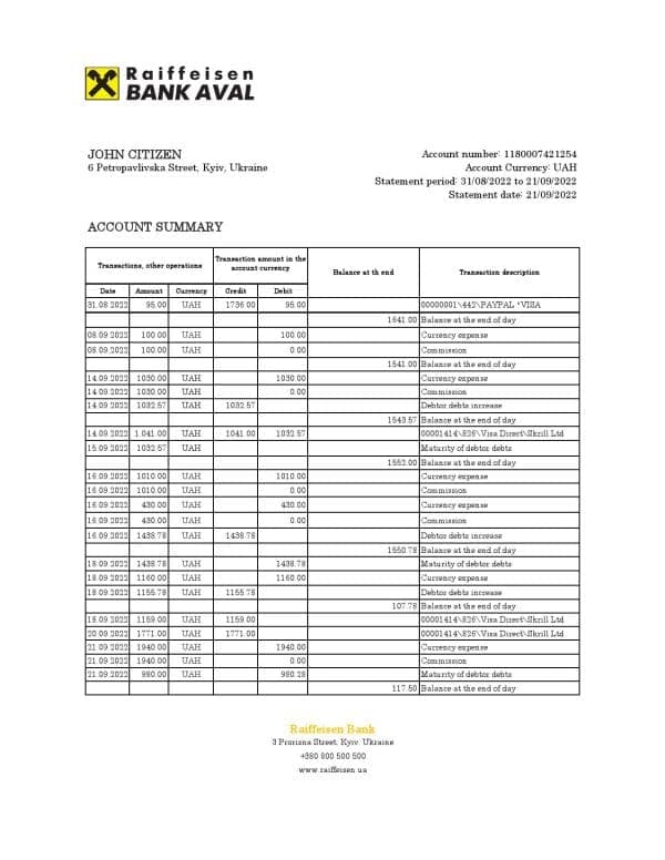 Ukraine Raiffeisen bank statement, Excel and PDF template