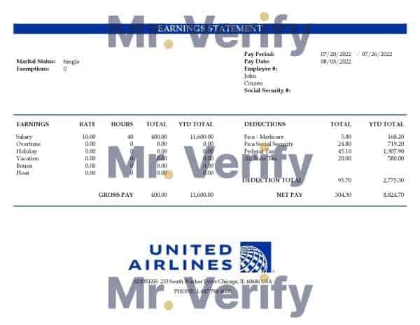 USA United Airlines Holdings airlines company pay stub Word and PDF template