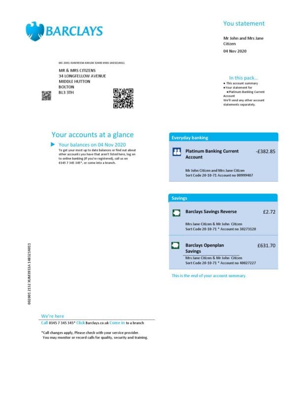 United Kingdom Barclays bank statement template in .doc and .pdf format, version 2