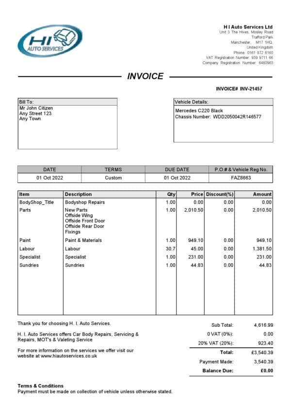 United Kingdom H I Auto Services Ltd invoice Word and PDF template