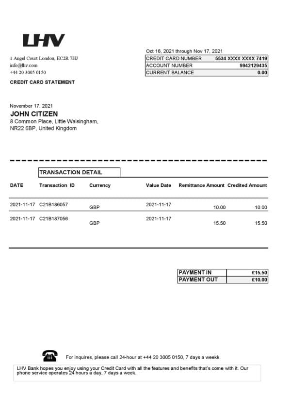 United Kingdom LHV Group bank statement in Excel and PDF format