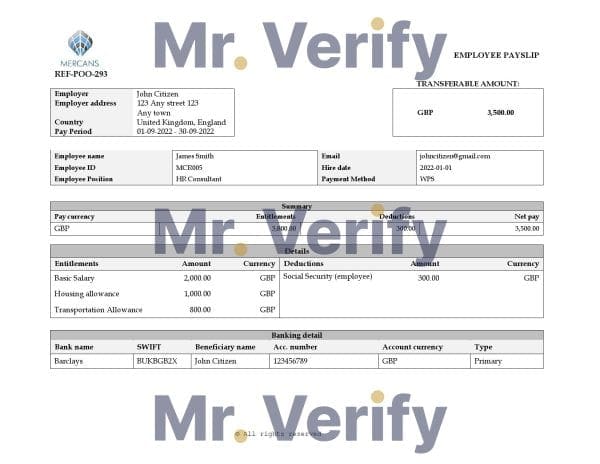 United Kingdom Mercans Global Payroll Solutions & Services payroll company pay stub Word and PDF template