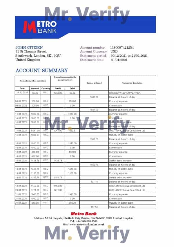 United Kingdom Metro bank statement template in Excel and PDF format