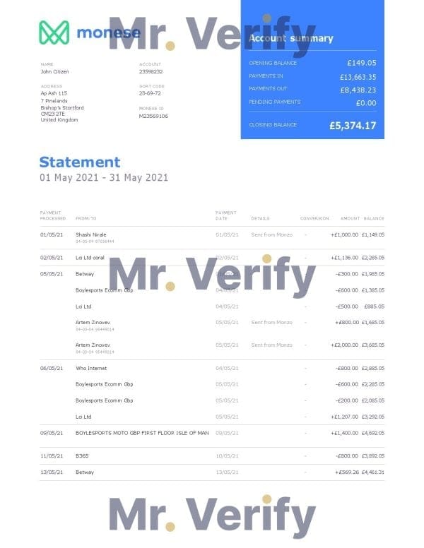 United Kingdom Monese bank statement template in Word and PDF format, 2 pages