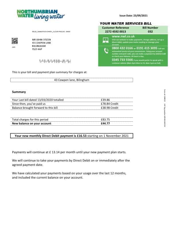 United Kingdom Northumbrian Water utility bill template in Word and PDF format, version 1