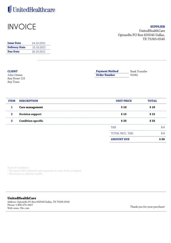 UnitedHealthCare.jpg USA UnitedHealthCare invoice template in Word and PDF format