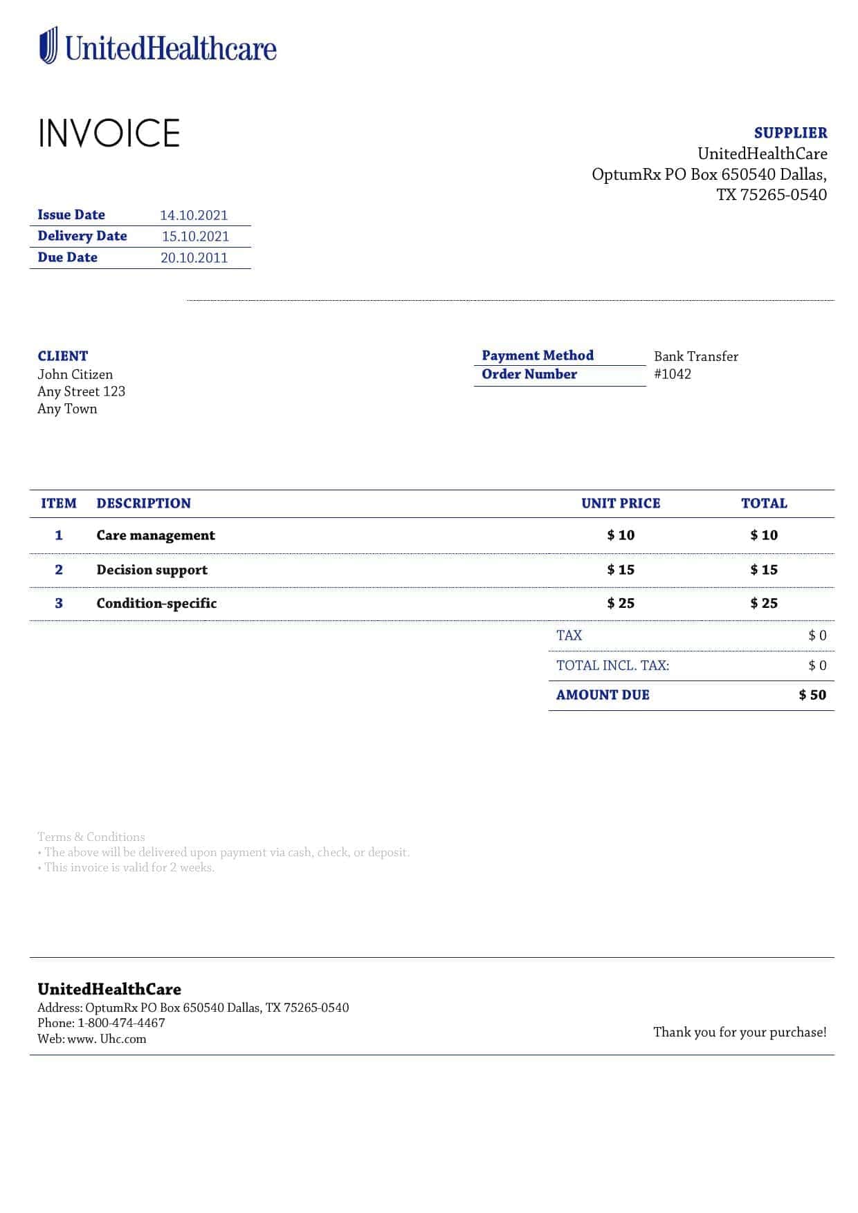 UnitedHealthCare.jpg USA UnitedHealthCare invoice template in Word and PDF format