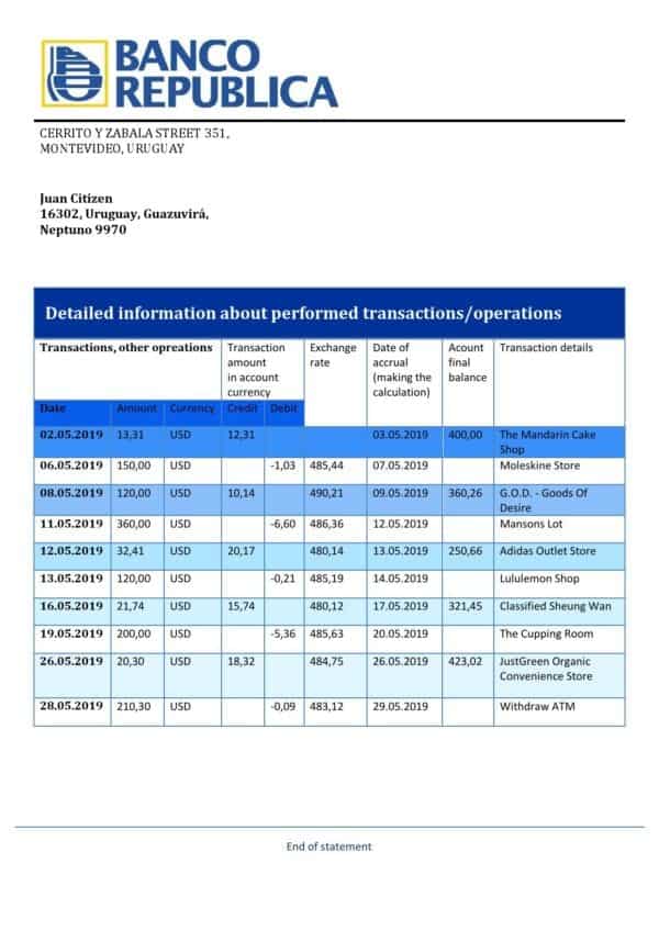 Uruguay Banco de la República Oriental del Uruguay bank statement template in Word and PDF format, good for address prove