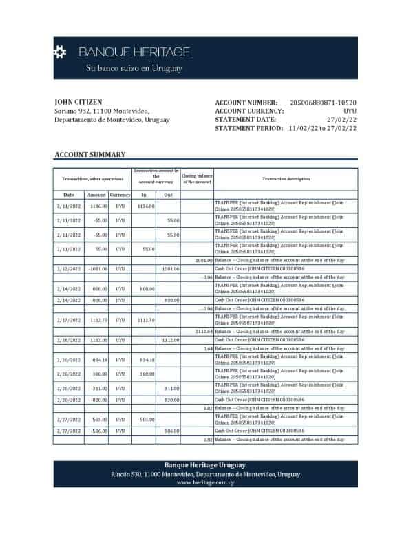 Uruguay Banque Heritage bank statement, Excel and PDF template