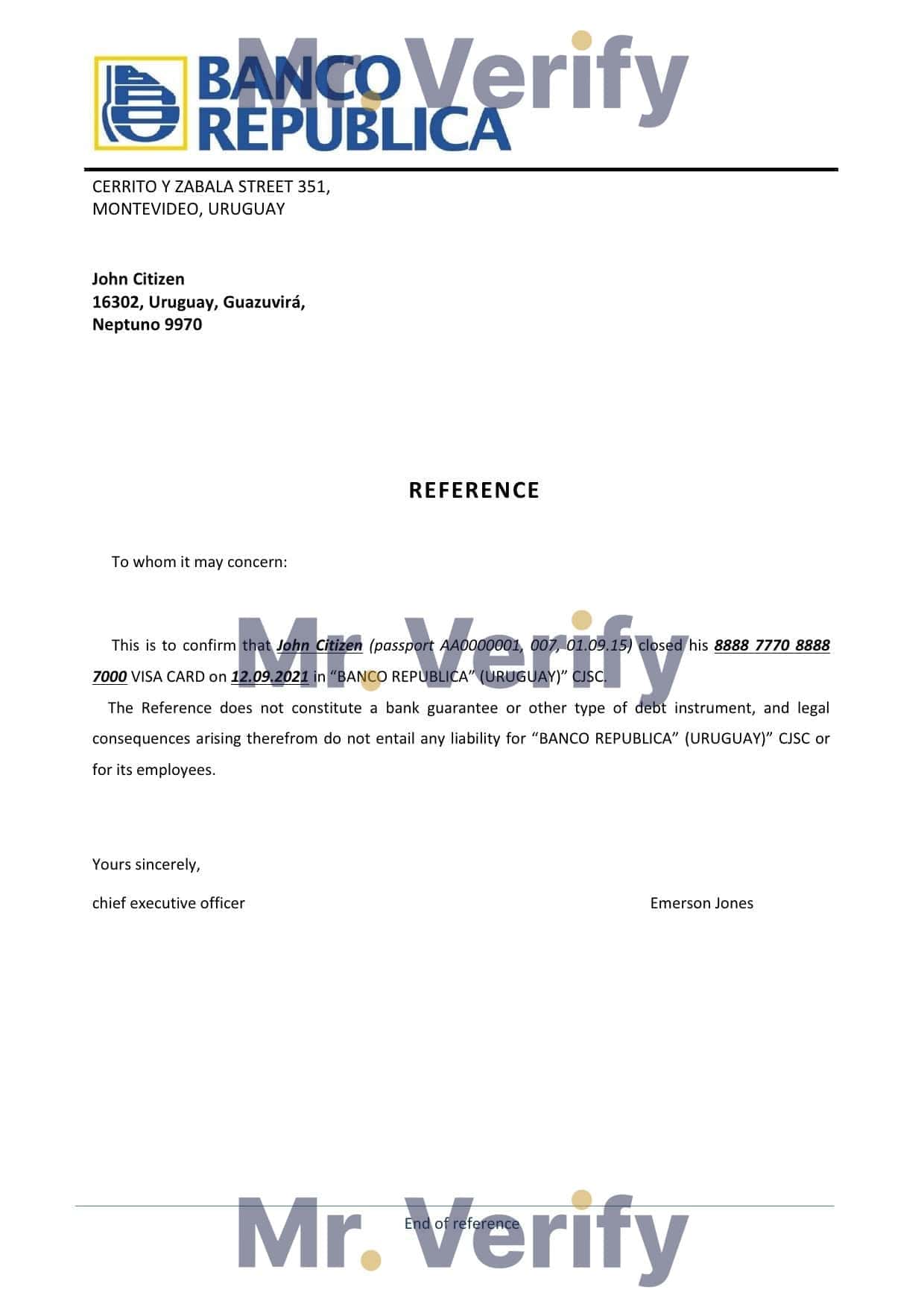 Uruguay Banco República bank account closure reference letter template in Word and PDF format Uruguay Banco República bank account closure reference letter template in Word and PDF format