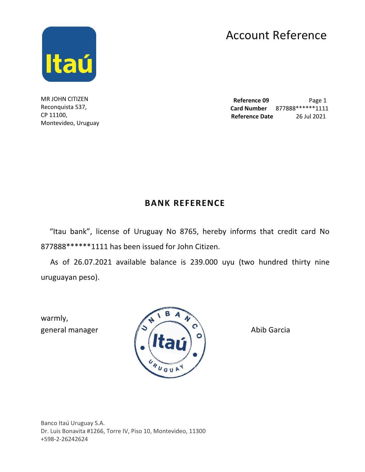 Uruguay Itau bank reference letter template in Word and PDF format Uruguay Itau bank reference letter template in Word and PDF format