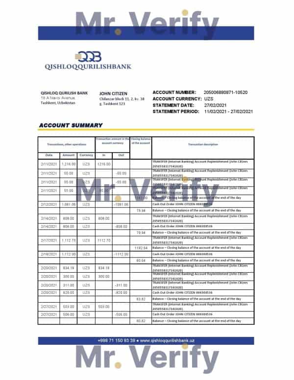 Uzbekistan Qishloq Qurilish Bank statement easy to fill template in Excel and PDF format