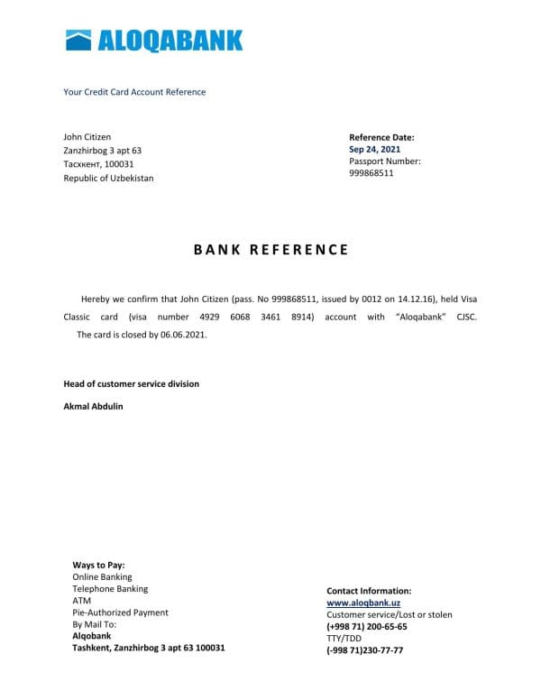 Uzbekistan Aloqabank account closure reference letter template in Word and PDF format Uzbekistan Aloqabank account closure reference letter template in Word and PDF format