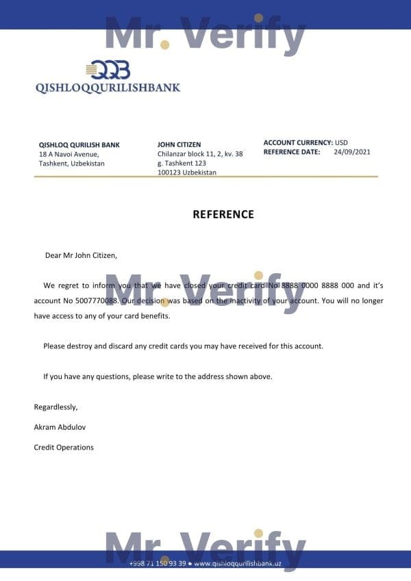 Uzbekistan Qishloq Qurilish Bank account closure reference letter template in Word and PDF format Uzbekistan Qishloq Qurilish Bank account closure reference letter template in Word and PDF format