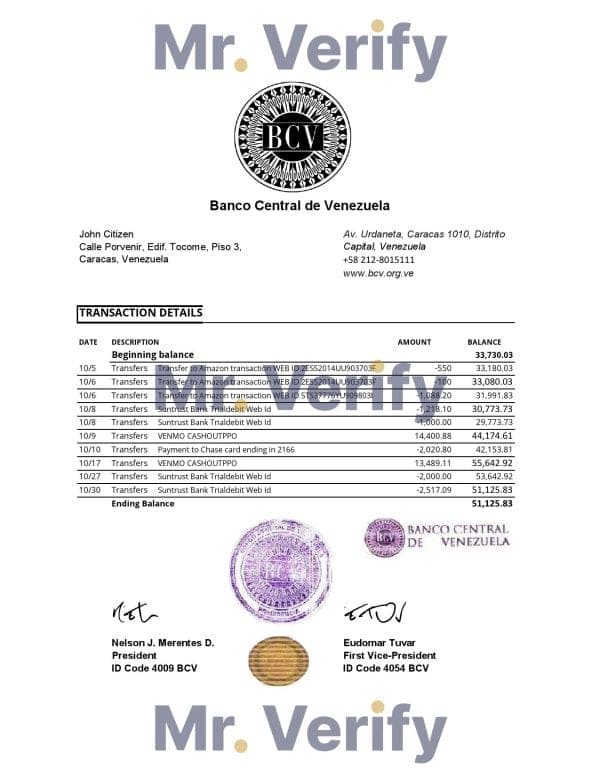 Venezuela Banco Central de Venezuela bank statement easy to fill template in Excel and PDF format