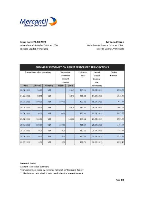Venezuela Mercantil bank statement, Excel and PDF template