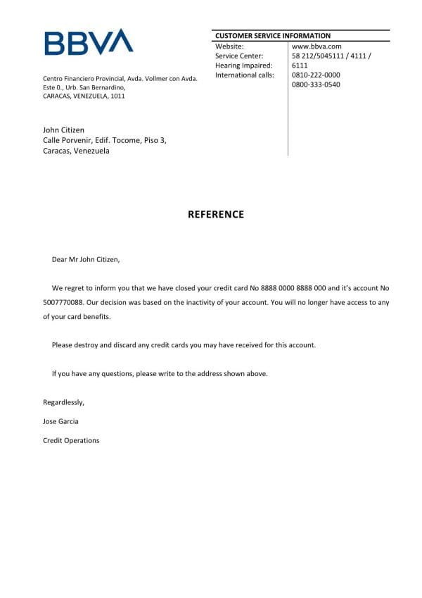 Venezuela BBVA bank account closure reference letter template in Word and PDF format Venezuela BBVA bank account closure reference letter template in Word and PDF format