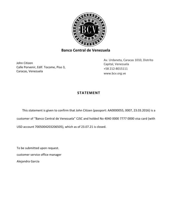 Venezuela Banco Central de Venezuela bank account closure reference letter template in Word and PDF format Venezuela Banco Central de Venezuela bank account closure reference letter template in Word and PDF format